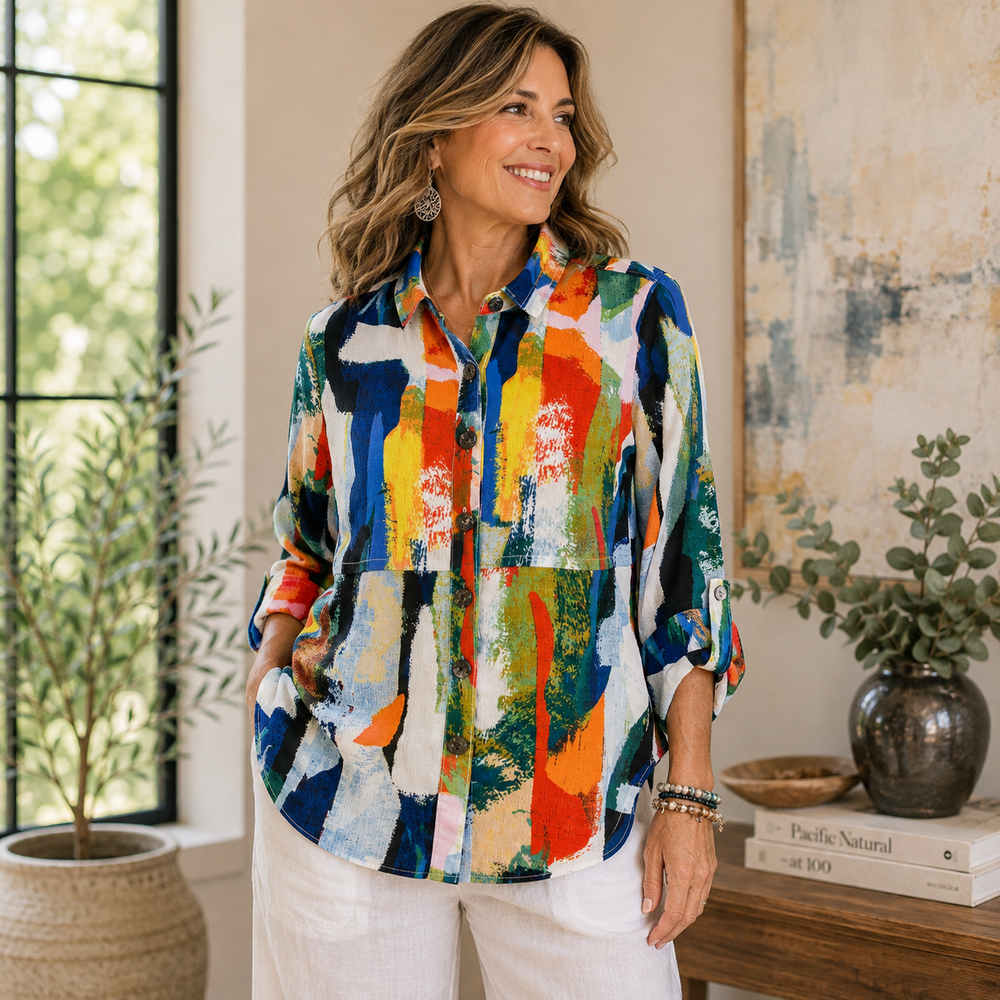 Ali Miles Shirt Women Medium Wire Collar Abstract Art to Wear Funky Boho TAGS